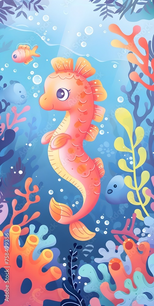Cute baby sea horse swimming in the ocean, colorful coral reefs and sea plants in the background, under water bubbles, pastel colors, mobile wallpaper, kawaii style, Cute baby sea horse swimming in the ocean, colorful coral reefs and sea plants in the background, under water bubbles, pastel colors, mobile wallpaper, kawaii style,