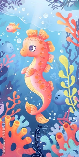Cute baby sea horse swimming in the ocean, colorful coral reefs and sea plants in the background, under water bubbles, pastel colors, mobile wallpaper, kawaii style, 