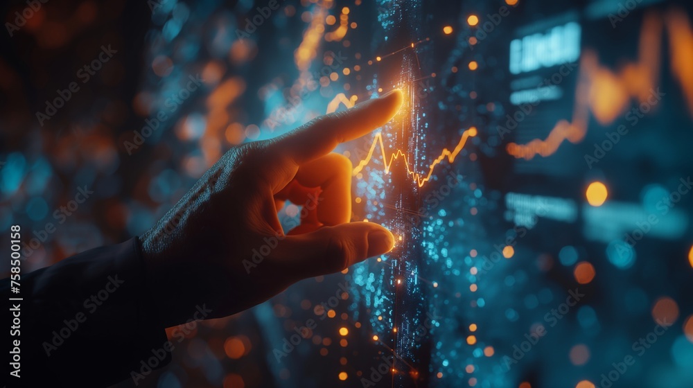 Navigating Success, Hand Points to Glowing Business Chart, Symbolizing Stock Market and Trade Dynamics. Navigating Success, Hand Points to Glowing Business Chart, Symbolizing Stock Market and Trade Dynamics.