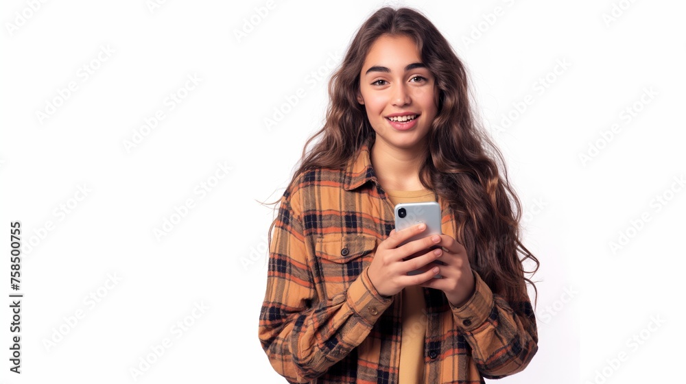 Smiling woman holds phone and mirror, person texting in studio, showcasing communication technology Smiling woman holds phone and mirror, person texting in studio, showcasing communication technology