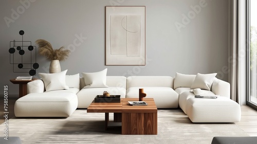 Minimalist Elegance Round Wood Coffee Table in a White Sofa Setting. Scandinavian Modern Living Room Interior Design