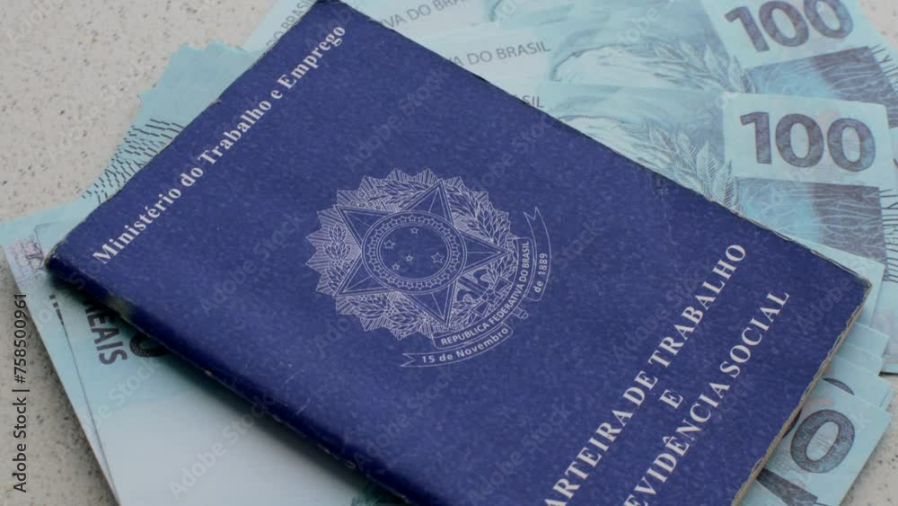 Brazilian Work ID with Brazilian banknotes: Work and money intertwine in this image, symbolizing prosperity and financial stability. Brazilian Work ID with Brazilian banknotes: Work and money intertwine in this image, symbolizing prosperity and financial stability.