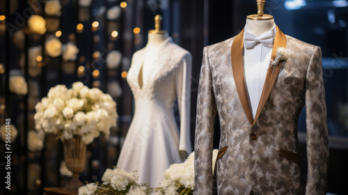 Wedding suit and dress wear on mannequin in the luxury showroom