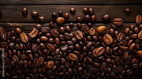 Top view of fresh coffee beans on wooden table background for product photography and branding