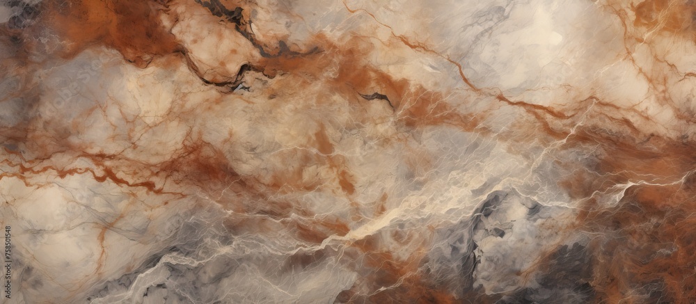 A detailed closeup of a brown and white marble texture resembles a beautiful painting on bedrock, showcasing the artistry of nature in its unique patterns