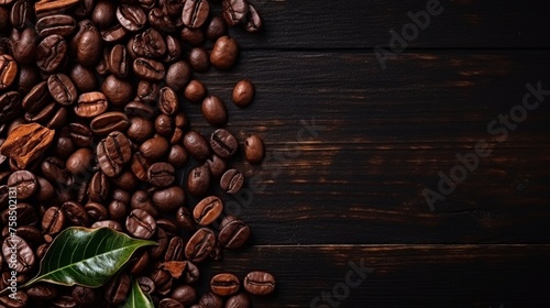 Top view coffee beans on wooden table background for product photography with copy space