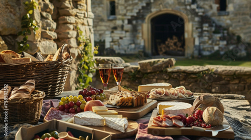 A shot of a delectable looking picnic spread with a selection of artis cheeses meats fruits and breads. The backdrop is a stone fireplace in the ruins of a castle.