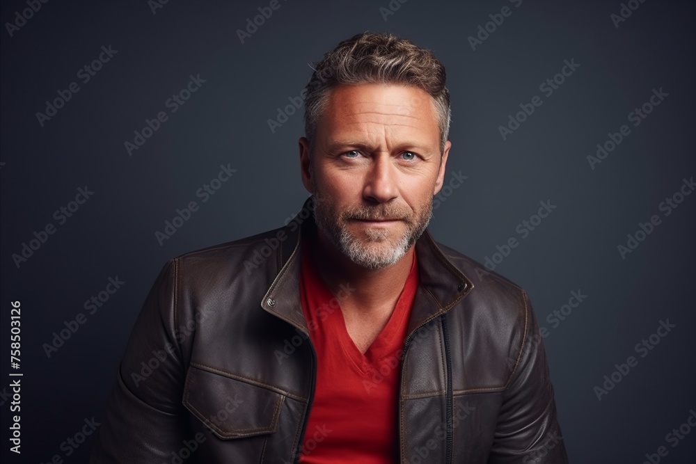 Portrait of a handsome mature man in a leather jacket. Men's beauty, fashion.