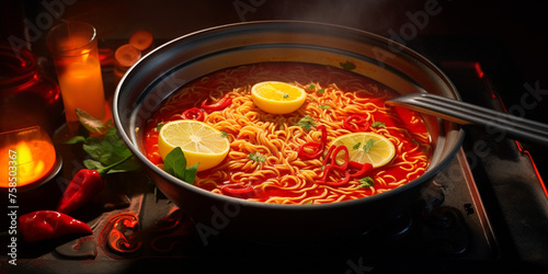  instant noodles, with chili pepper, slices of lemon, modern kitchen created with Generative Ai