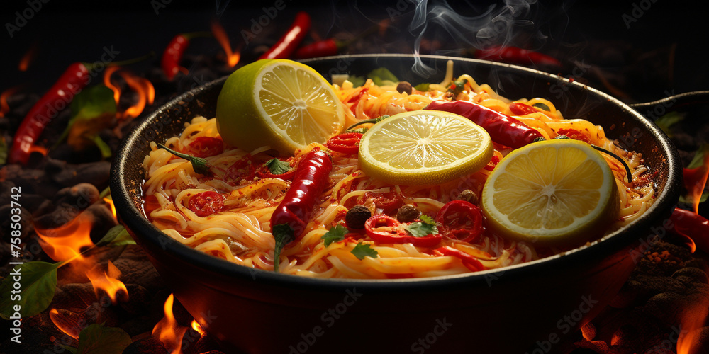 instant noodles, with chili pepper, slices of lemon, modern kitchen created with Generative Ai