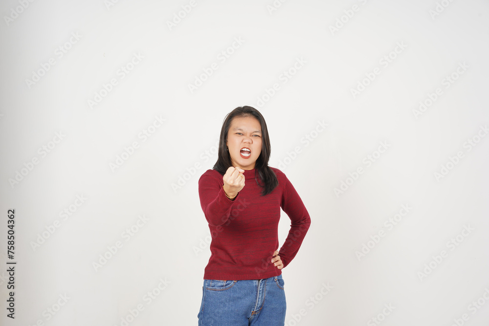 Young Asian woman in Red t-shirt Pointing at You with angry gesture isolated on white background Young Asian woman in Red t-shirt Pointing at You with angry gesture isolated on white background