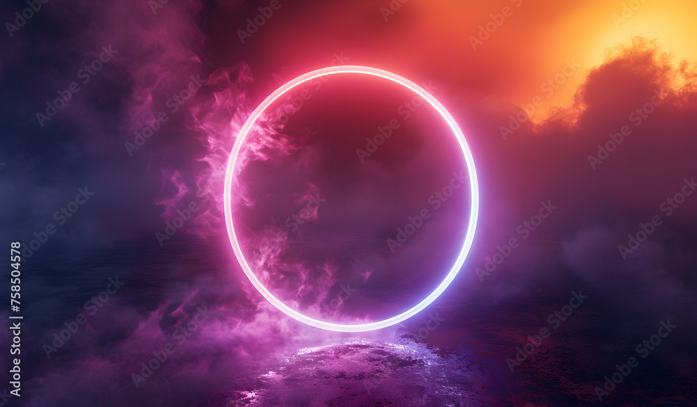 Glowing Circle Amidst Neon Vaporwave Fog Background Glowing Circle Amidst Neon Vaporwave Fog Background