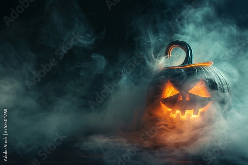Glowing pumpkin with dark smoke around for halloween concept photo