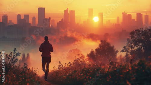 Silhouette of a lone jogger is captured against the breathtaking backdrop of a city skyline bathed in the warm hues of sunrise.