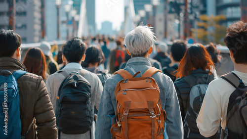 A crowd of people walking in the city, some with backpacks and others without, seen from behind.