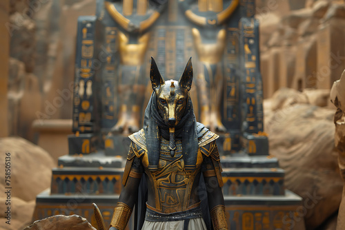 A striking and mystical representation of Anubis  the ancient Egyptian god of mummification and the afterlife  depicted with the head of a jackal  symbolizing death and the underworld.