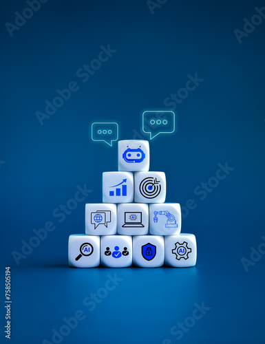 AI service technology concepts. Artificial intelligence, Customizable workflows support tools for business success. Chat bot icon on top of pyramid blocks stack with AI management strategy symbols.
