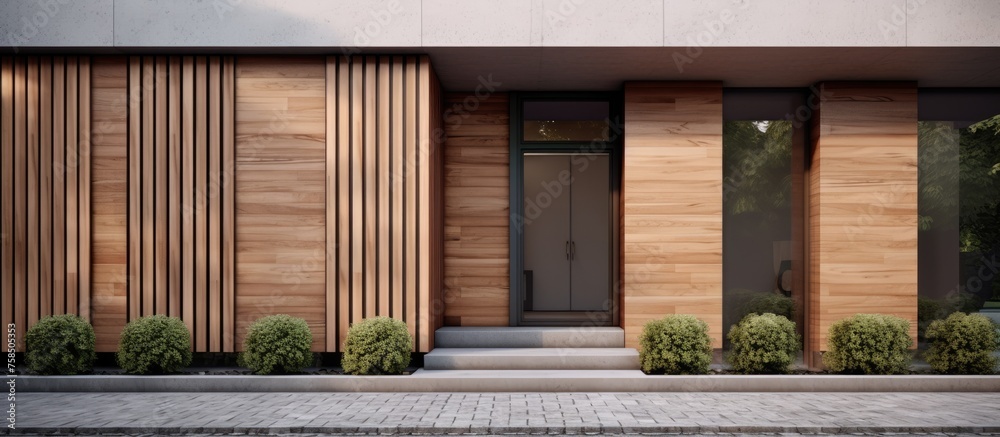 A contemporary residence features a wooden facade and a sleek black door. The exterior is complemented by lush green grass and a modern asphalt road surface - obrazy, fototapety, plakaty 