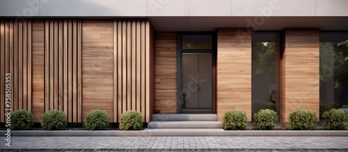A contemporary residence features a wooden facade and a sleek black door. The exterior is complemented by lush green grass and a modern asphalt road surface photo