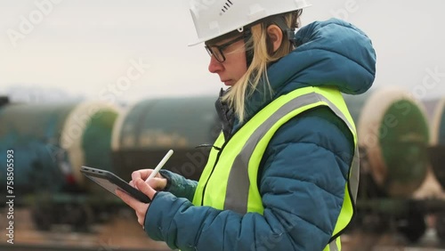 Profile of female controller receiving deliveries in  oil industry standing near carriages, woman in hard hat and green vest, with tablet and stylus in hands. photo