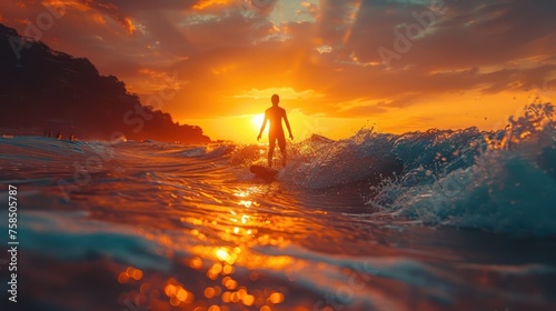 Surfing at Sunset. Young Man Riding Wave at Sunset. Outdoor Active Lifestyle.