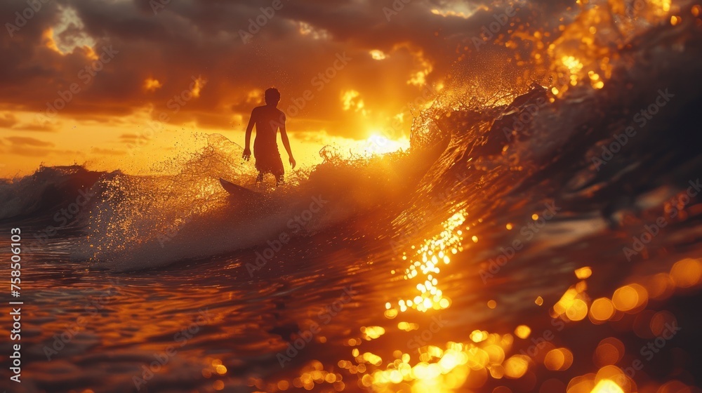 Surfing at Sunset. Young Man Riding Wave at Sunset. Outdoor Active Lifestyle. - obrazy, fototapety, plakaty 