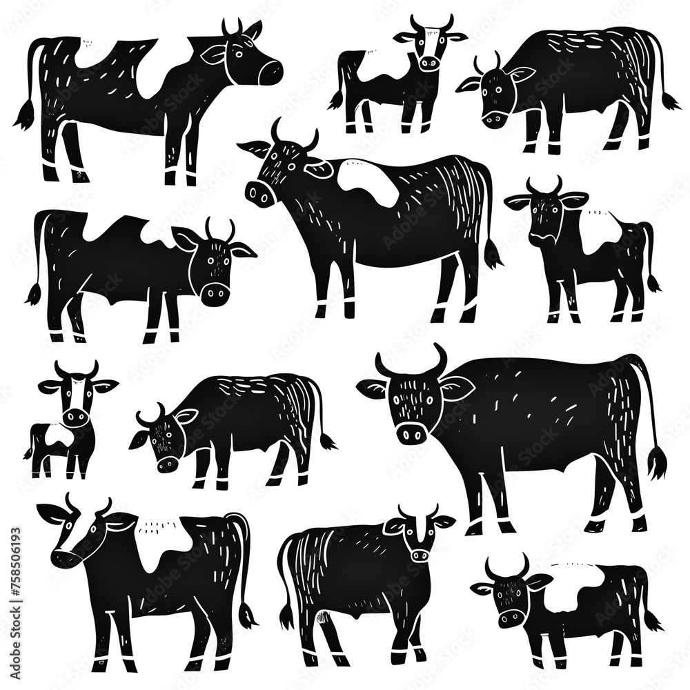 set of black and white cows
