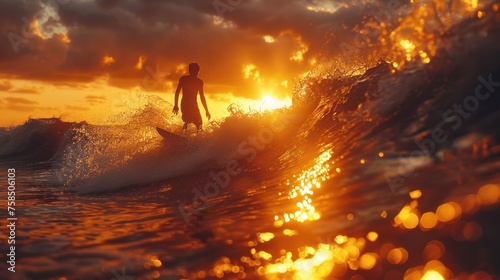 Surfing at Sunset. Young Man Riding Wave at Sunset. Outdoor Active Lifestyle. © haizah