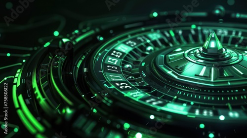 A modern casino roulette table with a dark background, showcasing minimalist cyber-style elements in green and black. Metallic touches elevate the mood, leaving ample space for text.