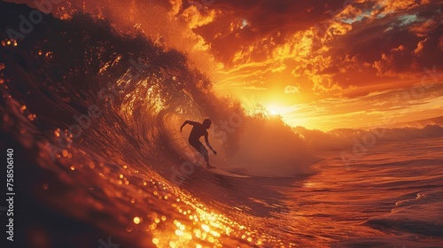 Surfing at Sunset. Young Man Riding Wave at Sunset. Outdoor Active Lifestyle.