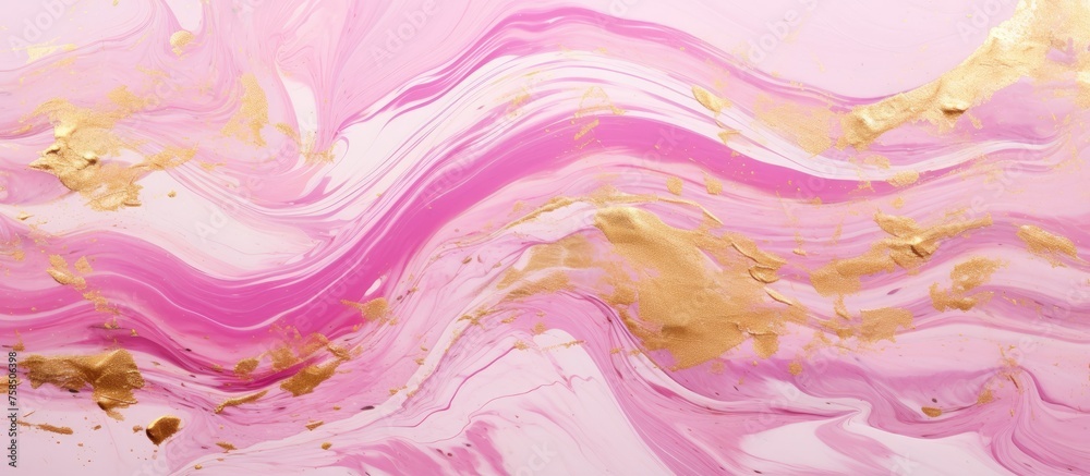 A detailed closeup of a vibrant pink and gold marble texture resembling a beautiful mix of purple, magenta, and violet hues, reminiscent of a painting with intricate patterns and petallike designs