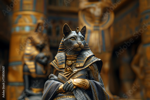 A captivating depiction of Bast, the ancient Egyptian goddess of cats, home, and fertility, portrayed as a woman with the head of a cat or lioness, symbolizing protection and grace