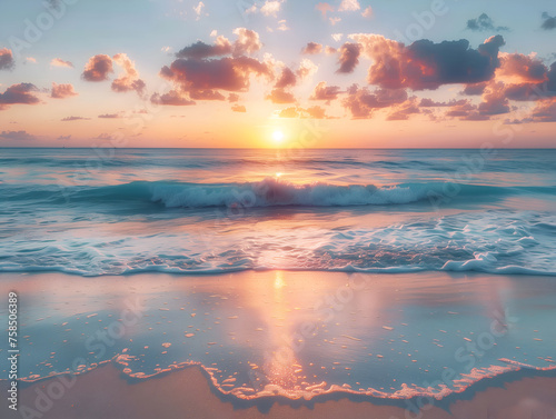 sunset over the sea, waves on the beach