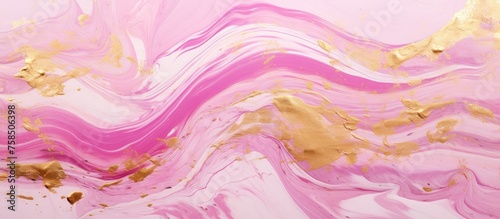 A detailed closeup of a vibrant pink and gold marble texture resembling a beautiful mix of purple, magenta, and violet hues, reminiscent of a painting with intricate patterns and petallike designs