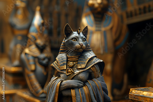 A captivating depiction of Bast, the ancient Egyptian goddess of cats, home, and fertility, portrayed as a woman with the head of a cat or lioness, symbolizing protection and grace