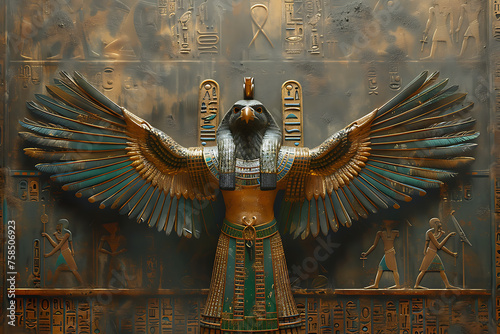 A captivating depiction of Horus or Ra, a pivotal deity in Egyptian mythology, portrayed as a man with the head of a falcon, symbolizing kingship, sky, and protection