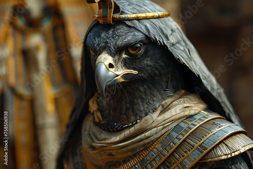 A captivating depiction of Horus or Ra, a pivotal deity in Egyptian mythology, portrayed as a man with the head of a falcon, symbolizing kingship, sky, and protection