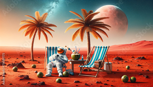 An astronaut relaxes on a beach chair on Mars, casually using a mobile phone near an artificial coconut tree and orange juice on the table, against a pale Martian sky. AI Generated.