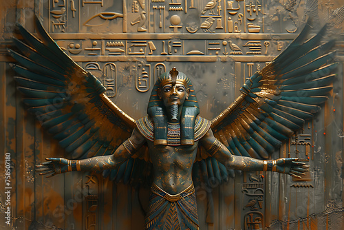 A captivating depiction of Horus or Ra, a pivotal deity in Egyptian mythology, portrayed as a man with the head of a falcon, symbolizing kingship, sky, and protection photo