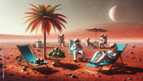 An astronaut relaxes on a beach chair on Mars, casually using a mobile phone near an artificial coconut tree and orange juice on the table, against a pale Martian sky. AI Generated. photo