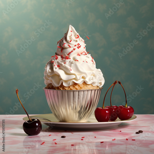 plain dull vanilla ice cream cone sitting beside a virbant bowl of ice cream with sprinkles and a cherry on top created with Generative Ai photo