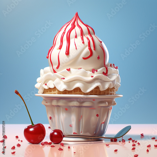 plain dull vanilla ice cream cone sitting beside a virbant bowl of ice cream with sprinkles and a cherry on top created with Generative Ai photo