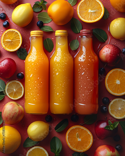 A vibrant assortment of fruit juice cocktails in various color schemes, perfect for social media, embodying a healthy food concept and promoting a nutritious lifestyle