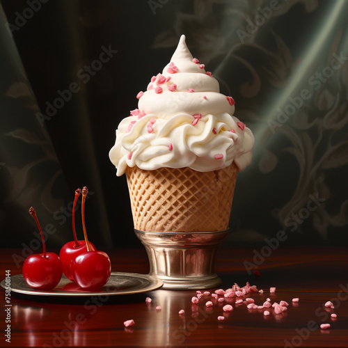 plain dull vanilla ice cream cone sitting beside a virbant bowl of ice cream with sprinkles and a cherry on top created with Generative Ai photo