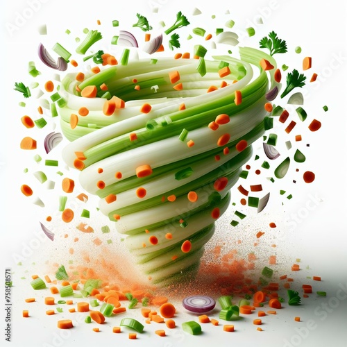 celery, carrots and onion chopped in little pieces flying in the air like in a small vortex photo