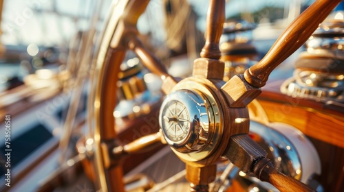 A closeup image of a yacht wheel with its polished wooden spokes and brass details shining in the sunlight. The compass at the center of the wheel has a nautical map design photo