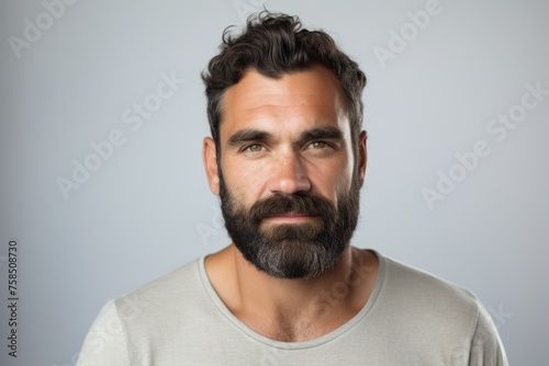 Handsome man with beard and mustache looking at camera over grey background