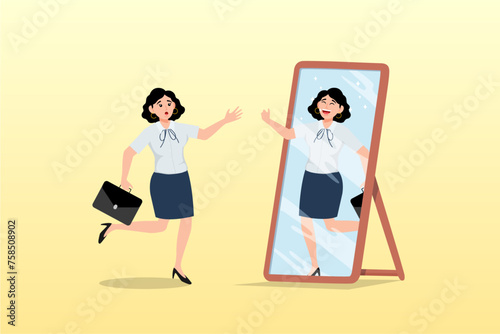 Businesswoman look at her strong confidence reflection in the mirror, self confidence and self esteem, motivation to success, positive thinking to boost confident and believe in yourself (Vector)