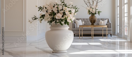 Elegant flowers displayed in a vase in a high-end home with marble flooring and white walls