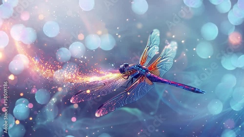 flying dragonfly with sparkle and blazing trail. seamless looping overlay 4k virtual video animation background photo